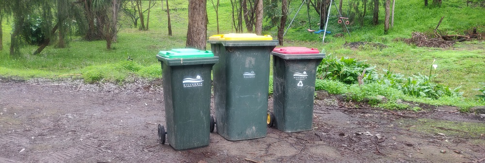 Nillumbik's red, yellow and green bins.